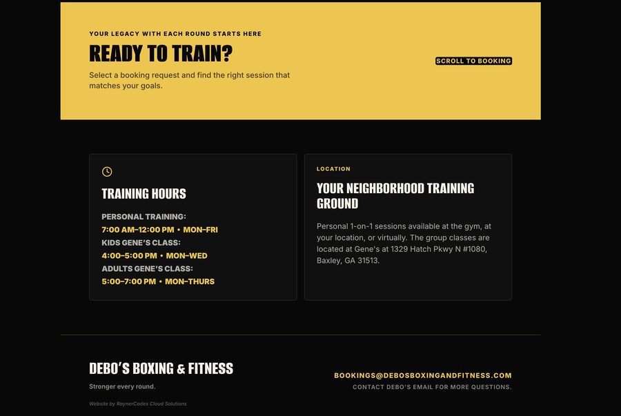 Debo's training hours, location, and contact details