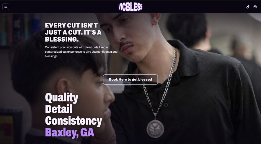 Vicbless Barbershop home page with a Book Here to get blessed button