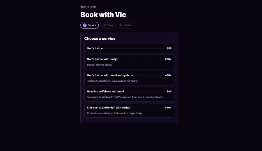 Vicbless booking step one: choosing a service and price